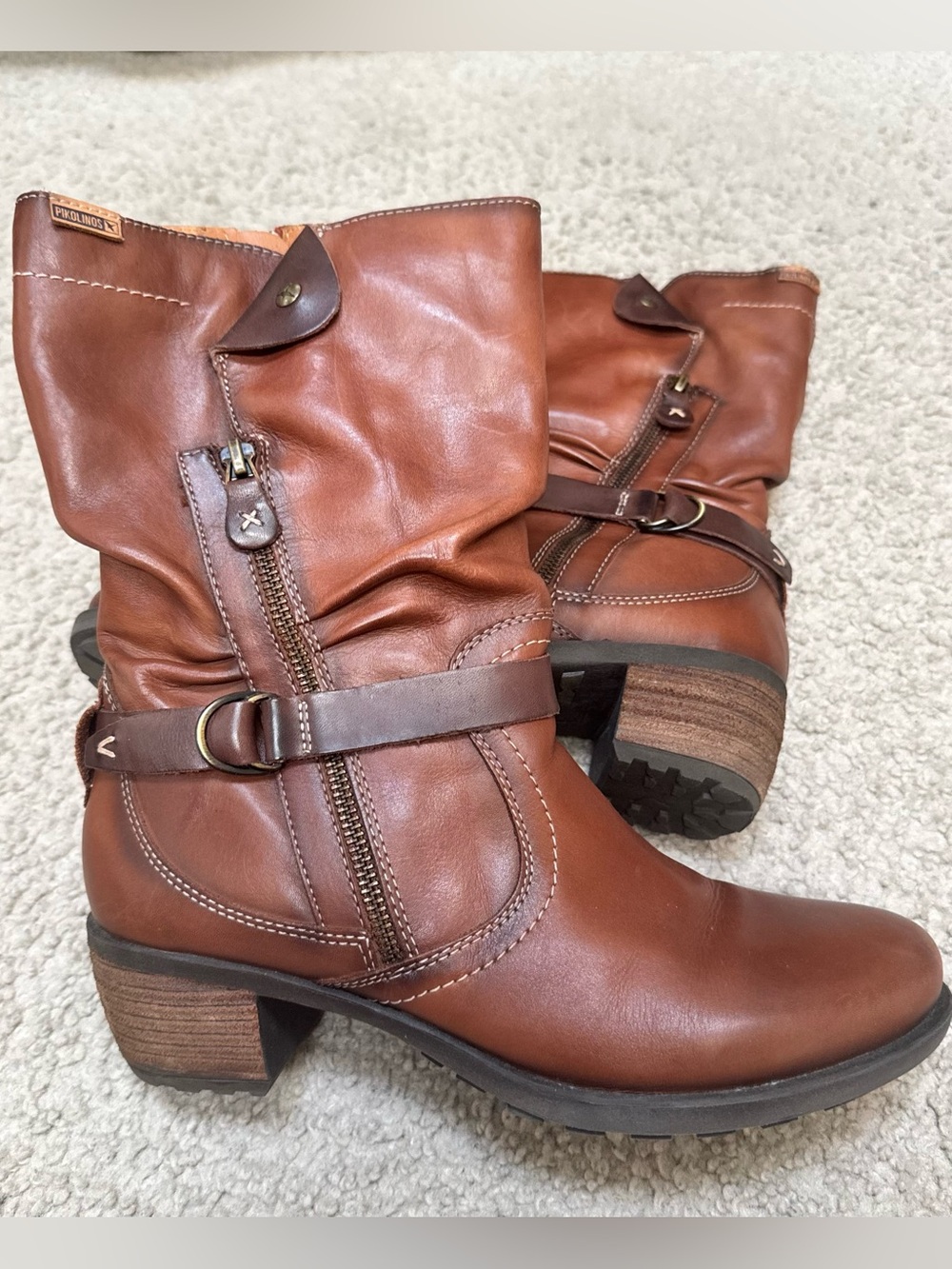 Pikolinos Le Mans Slouch Mid Calf Brown Leather Moto Boots Women's Size 8.5